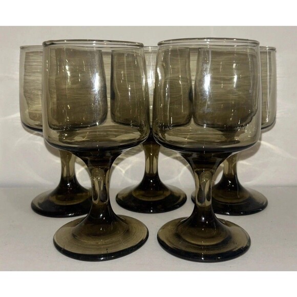 Set of 5 Vintage Libbey Tawny Accent Brown Smoked Wine Glasses 1970s Libby 10oz - Picture 1 of 3